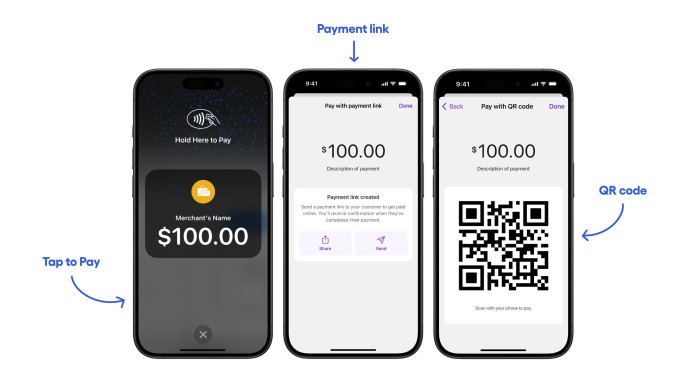 three screenshots of phones showing 1) tap to pay for $100, second payment link for $100 and 3) QR code payment link for $100.